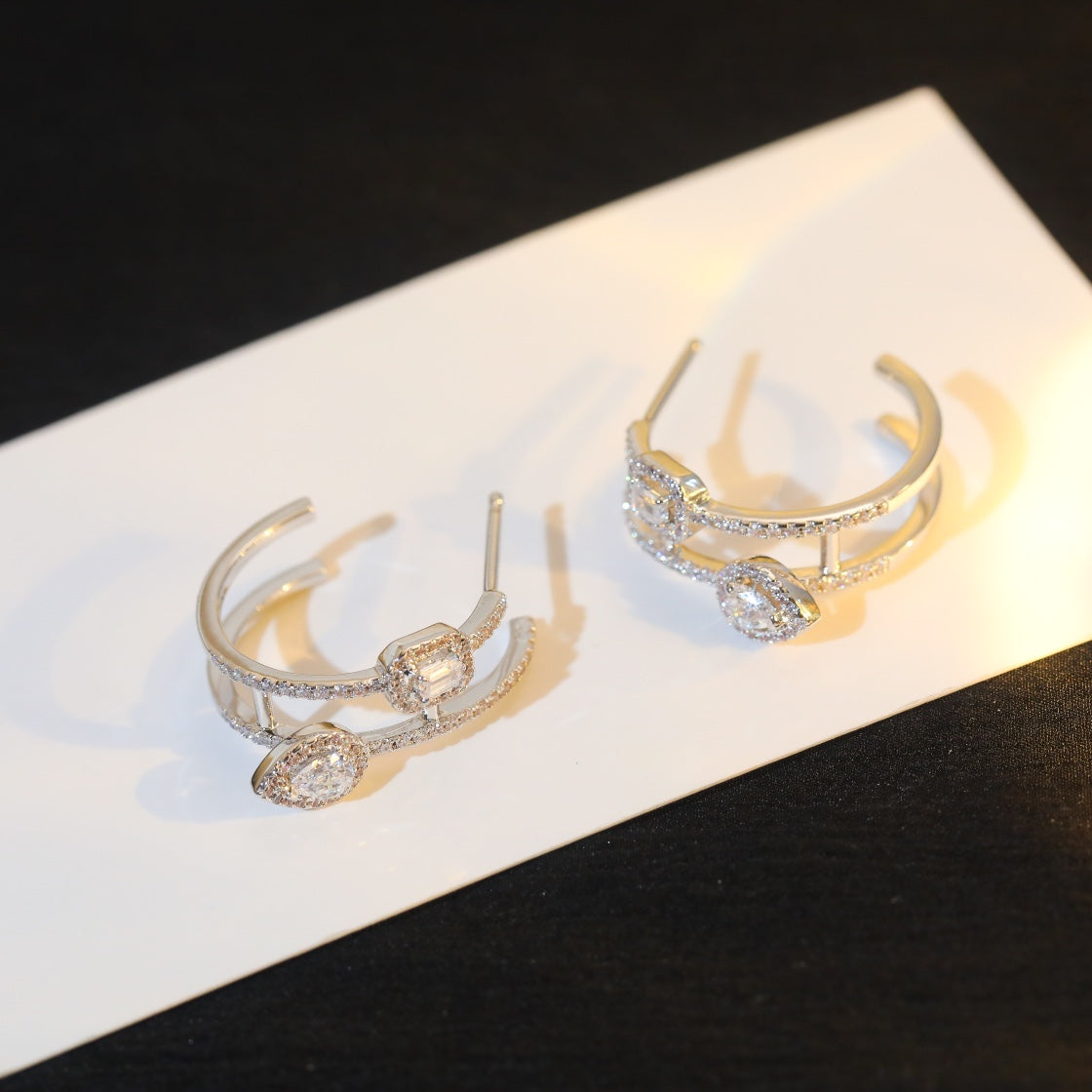 [ECHO]CREOLES MY TWIN 2 RANGS SILVER DIAMOND EARRINGS